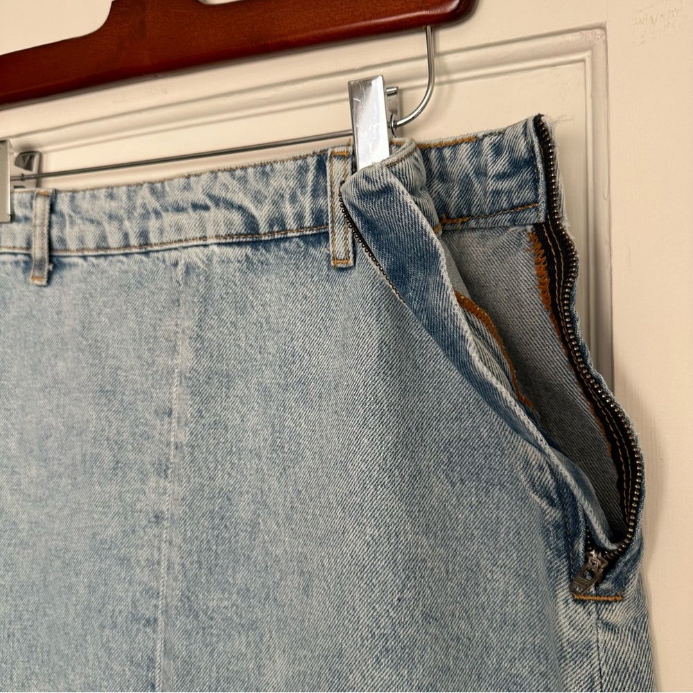 ZARA Premium Denim Light Wash Midi Skirt Raw Hem Front Slit Size L - Picture 5 of 16